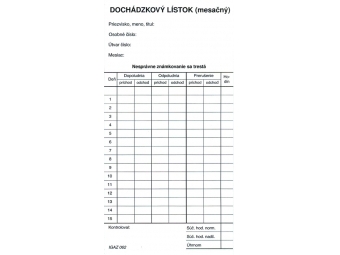 Tlačivo Dochádzkový lístok (mesačný)-kartón